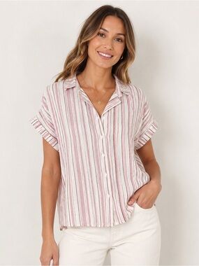 Linen Blend Striped Button Front Blouse Women’s L Pink White Relaxed Fit